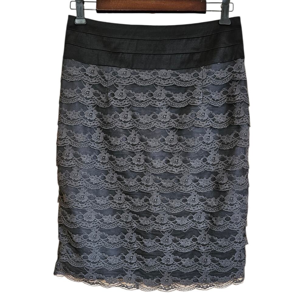 H&M Grey Lace Overlay Pencil Skirt with Black Band Womens Size 8